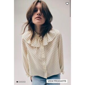 H&M Divided Ruffle Trimmed Polka Dot Blouse Light Beige XL New